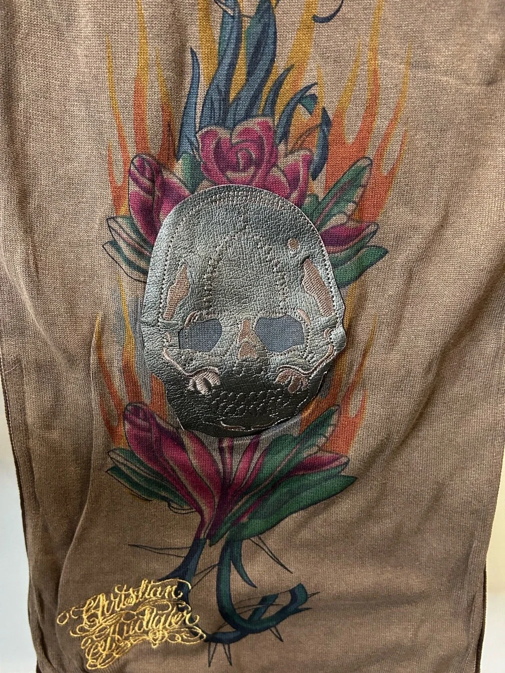 Vintage Ed Hardy Skull Scarf Y2K Christian Audigier Tattoo Graphic Cotton Brown